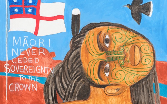 'Maori Never Ceded Sovereignty to the Crown', 2023Acrylic on cotton canvas, 700 x 900 mmPhotograph by Samuel Hartnett, courtesy of the artist and Season, Tāmaki Makaurau