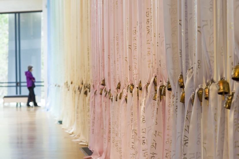 Tiffany Singh, OM MANI PADME HUM (detail), 2016, ribbon and fair-trade bells. Image courtesy of the artist and Dunedin Public Art Gallery