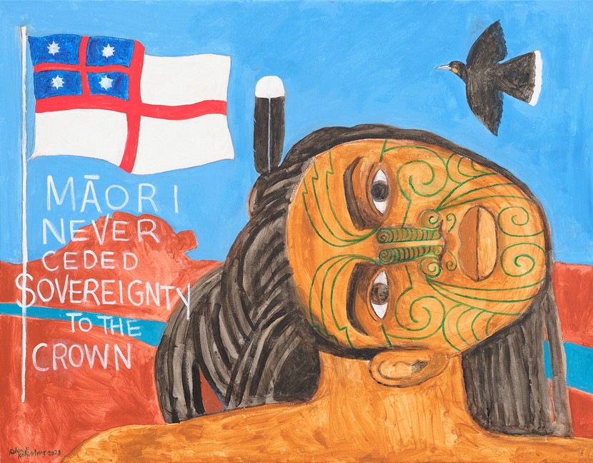 'Maori Never Ceded Sovereignty to the Crown', 2023Acrylic on cotton canvas, 700 x 900 mmPhotograph by Samuel Hartnett, courtesy of the artist and Season, Tāmaki Makaurau