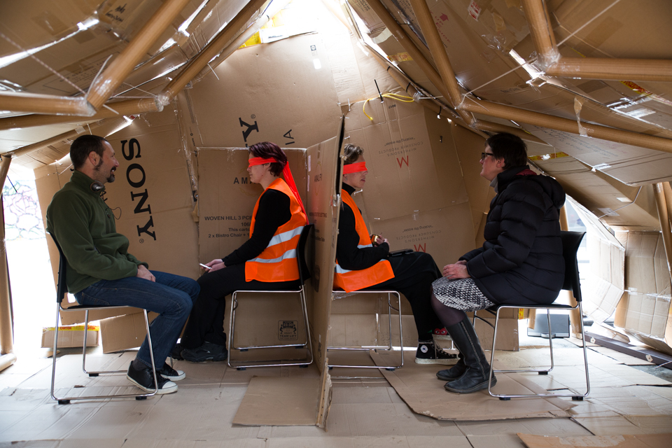 CARDBOARD CONFESSIONAL Audrey Baldwin, Oscar Bannan, Bridget Harris, Neil MacLeod, Annemieke Montagne, Patricia Parkin, Jennifer Katherine Shields Photo Credie Janneth Gil