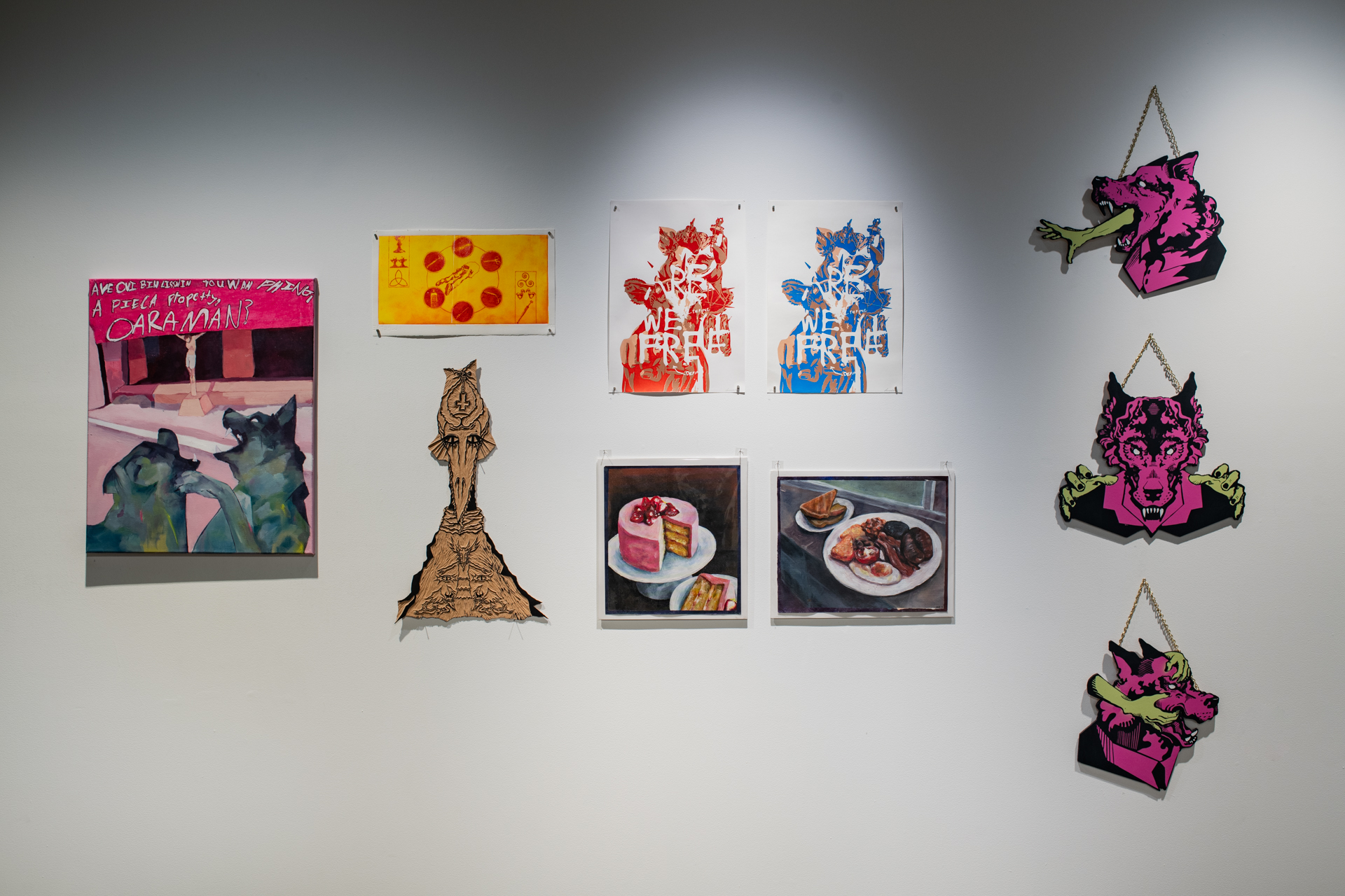 Aya Nicholls - 'Have we been listening to a thing', 'a pieceof property', 'or a man'?, Laouena Le Louer - 'False Idol', 'Goetia', Toni Wilson - 'Are We Free? (Red), Are We Free? (Blue)', Zazu Kinasih - 'A Full English, Just a Slice', Samara Hubric - 'Screen Prints on board', Photo Credit Jamie Price and Owen Spargo