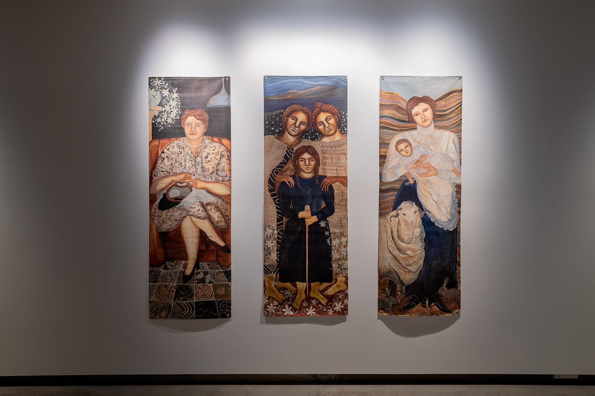 Kate Stevens West 'Sword Triptych', 2023, 'Kaeaea & Piharo (with Irihapeti)', 2023, 'Isabella (with Ivan)', 2023' Photo Credit Owen Spargo