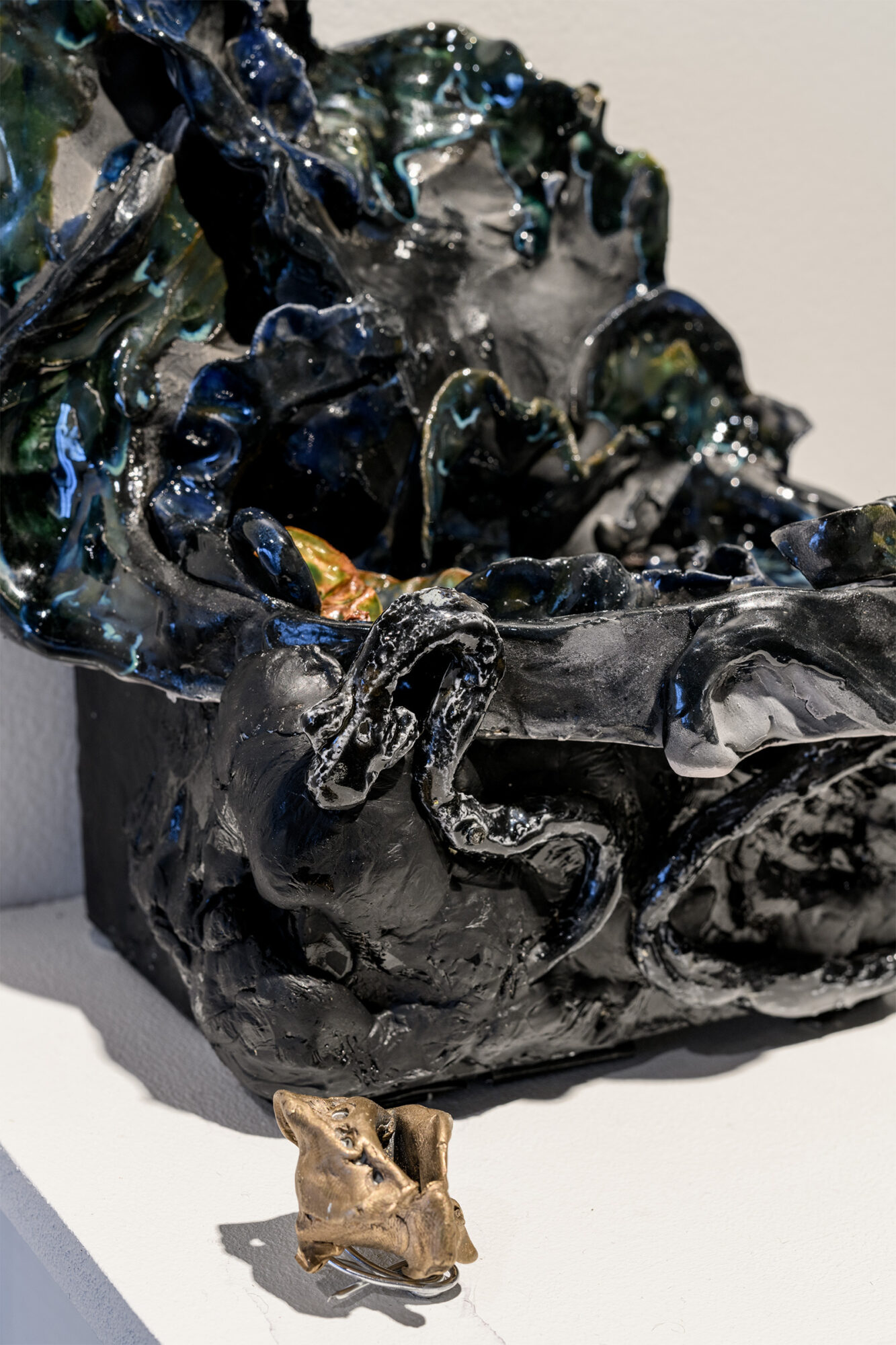 'Untitled (fountain)' - detail, Porcelain, various glaze, bronze, 2025 Taarn Scott, Photo credit Owen Spargo