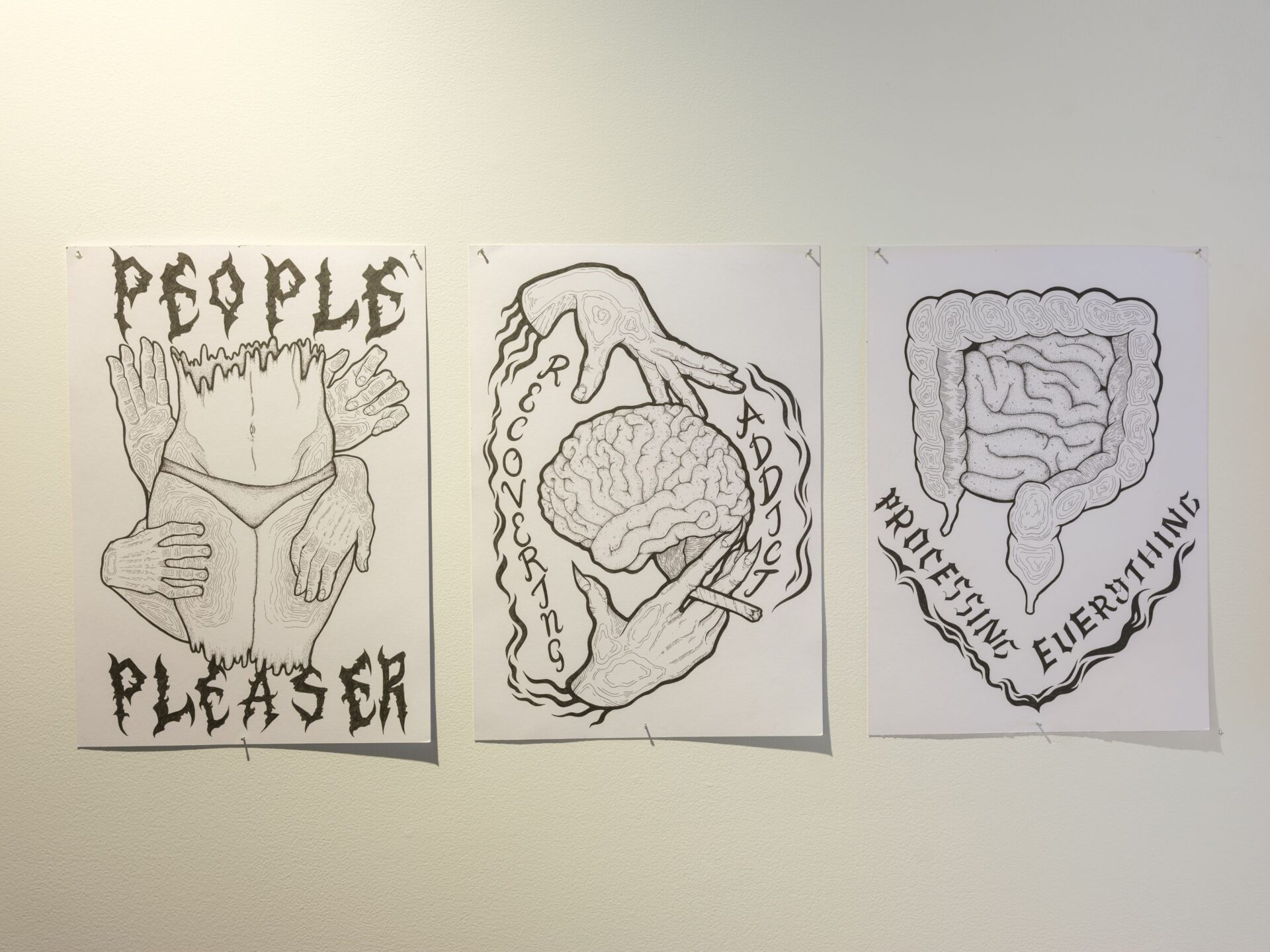 Adrian Grey-Bell 'Trauma' Pigment Liner on Cardstock each 93 x 42 cm 2025 Photo Credit Simon Jarman
