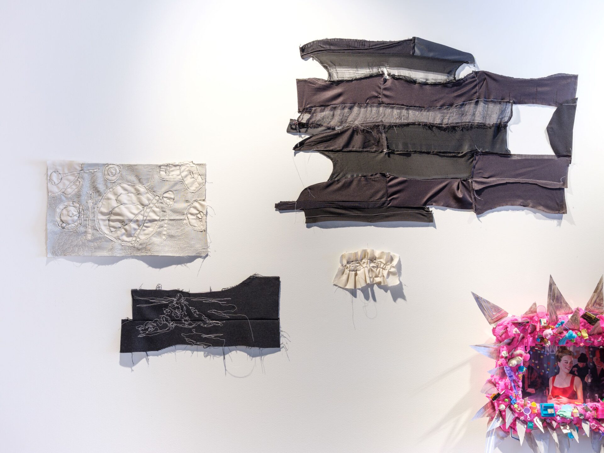 Amy Carpenter 'Swatch #1', 'Swatch #2', 'Sea Stack', 'Rapanui', 'A Place for You Calico', found fabric, thread Dimensions variable 2025 Robbie Poon 'Sellout' - detail