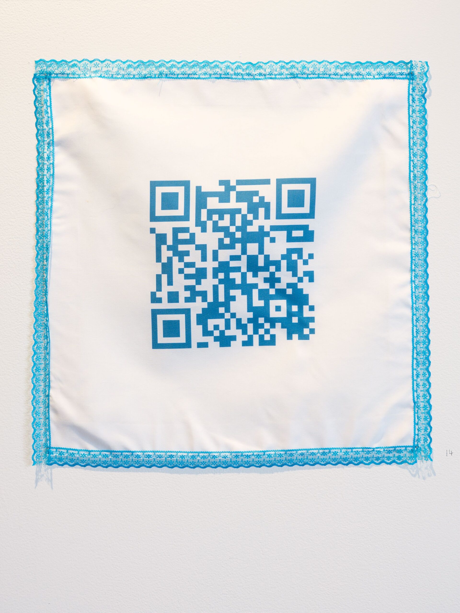 Rata Jamieson '@uc.fitz' Print on cotton, lace trim 46 x 46 cm 2025 Photo Credit Simon Jarman