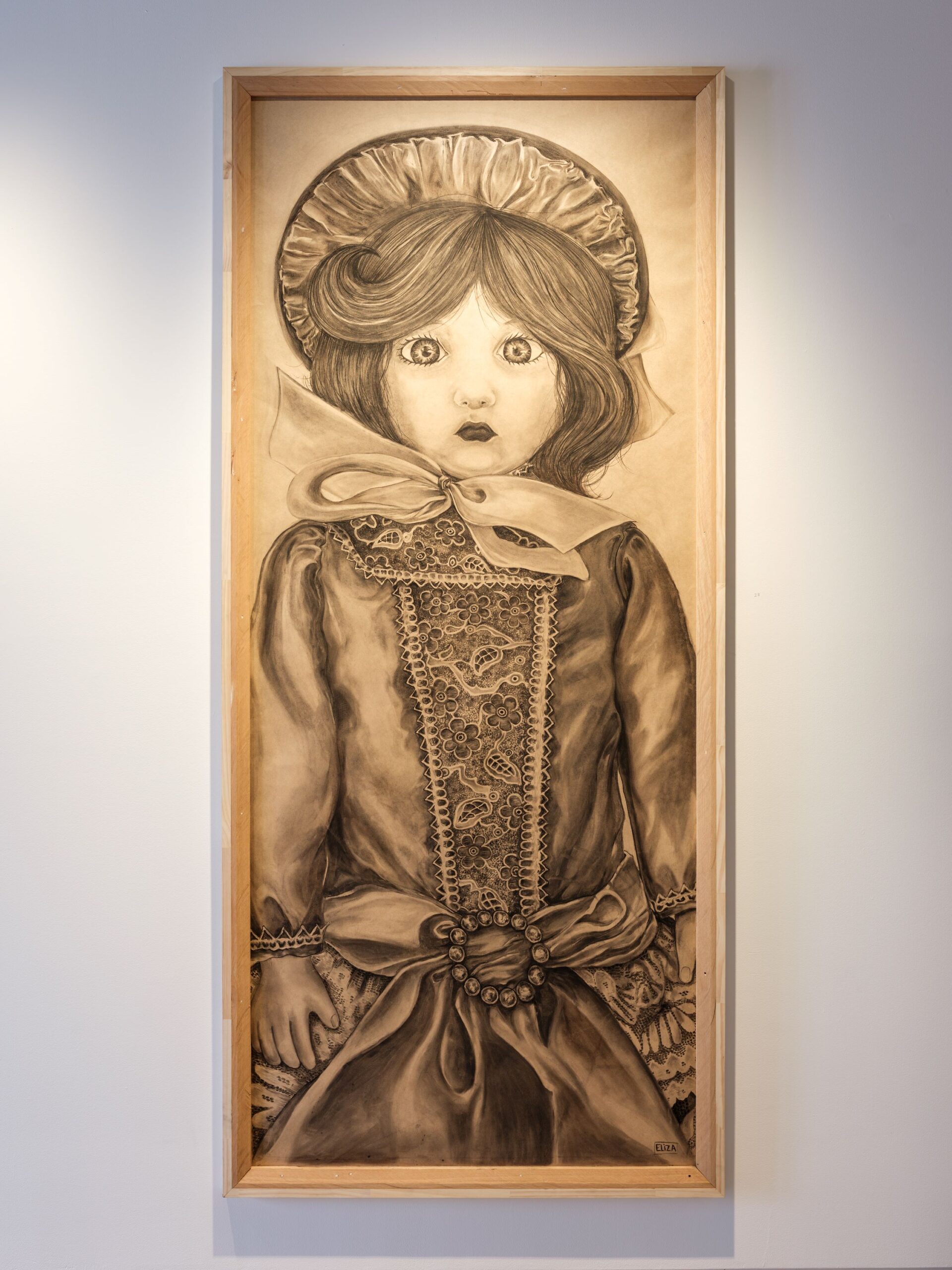 Eliza Ward 'Porcelain' Charcoal on paper, timber frame 210 x 90 cm 2025 Photo Credit Simon Jarman
