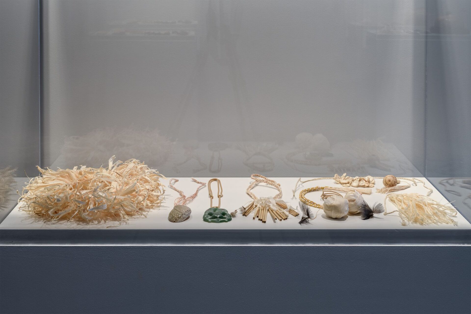 Works by Ereni Putere, Paula Rigby, Isaac Te Awa and Fayne Robinson, 'Āhuataka: A Wānaka of Kāi Tahu Woven Adornment' Photo Credit Owen Spargo