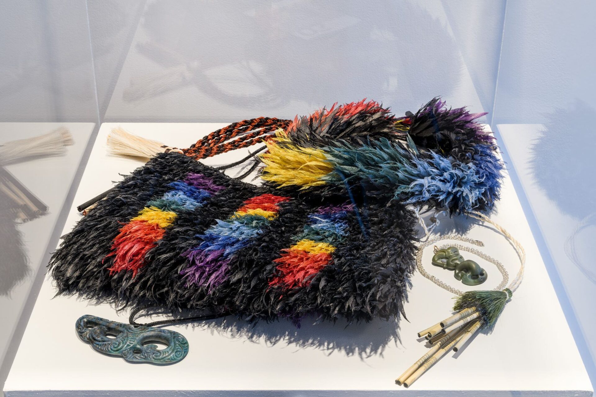 Works by Isaac Te Awa, Ereni Pūtere, Fayne Robinson and Paula Rigby. 'Āhuataka: A Wānaka of Kāi Tāhu Woven Adornment', Photo Credit Owen Spargo