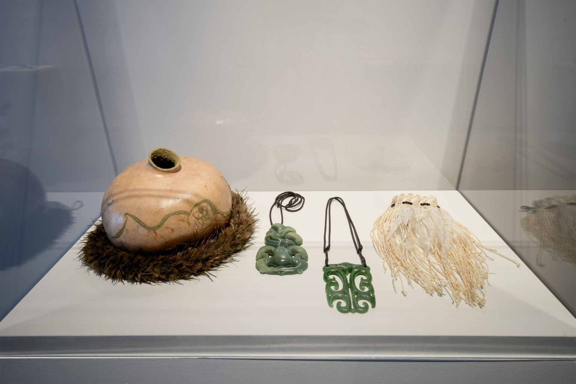 Works by Paula Rigby, Ereni Pūtere, Isaac Te Awa and Fayne Robinson. 'Āhuataka: A Wānaka of Kāi Tāhu Woven Adornment', Photo Credit Owen Spargo