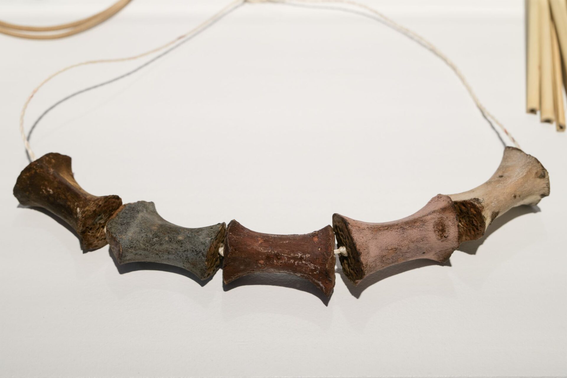 Ereni Pūtere - Uenuku, he hei wheua kekeno. Whītau, kura, kuratea, aumoana, pukepoto, kerewhenua, wheua kekeno, kūtai. 'Āhuataka: A Wānaka of Kāi Tāhu Woven Adornment', Photo Credit Owen Spargo