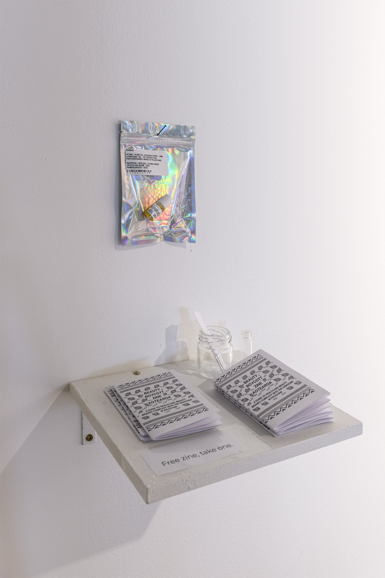 'Made and Palestine". Pamphlets by Pinky Fang and Scent by Nathan Taare. Photo credit Owen Spargo