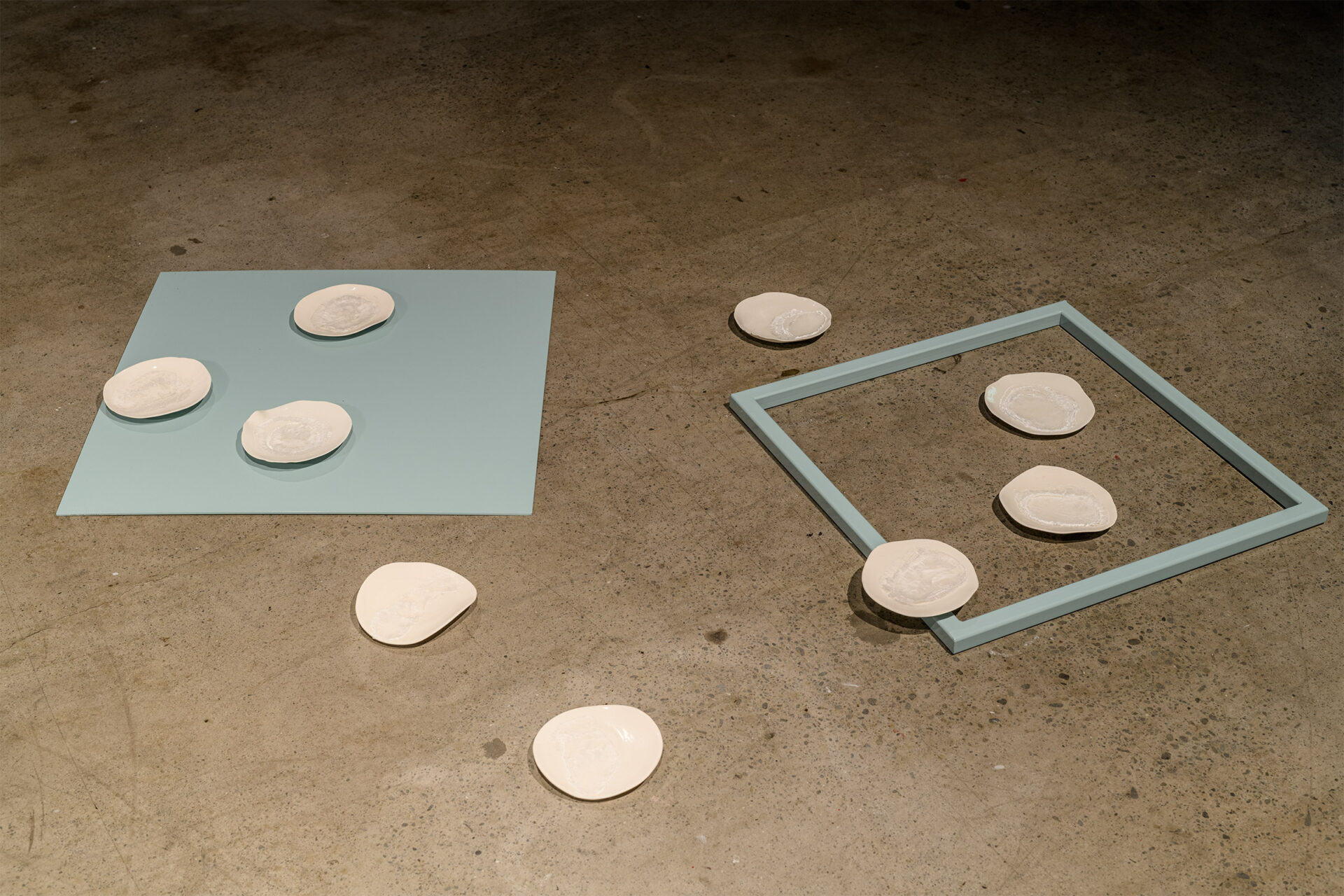 'There is (no) Anthropocene', Shelley Simpson, 'Gnash', Slip cast ceramic, calcium carbonate from eggshells, vinegar, powder coated steel, cord, copper. Dimensions variable, 2025, Photo Credit Owen Spargo