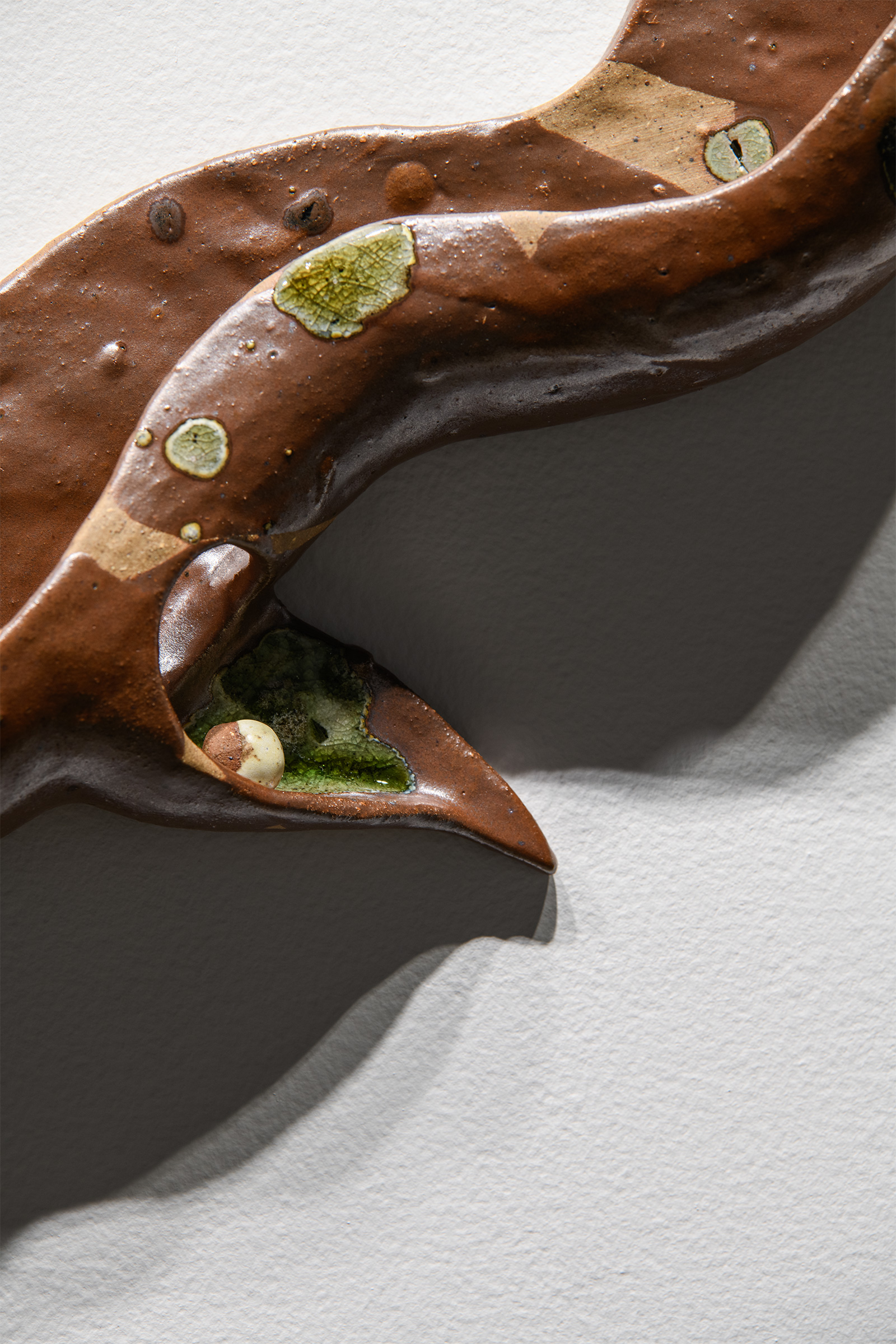 'We used to be a braided awa' - detail, Reclaimed clay, found ceramic and glass from Whaka Oho Rahi; Karitāne sand, Grey river silt, Matatā pumice, Maukatere gold, 2700 x 1120 mm, 2026