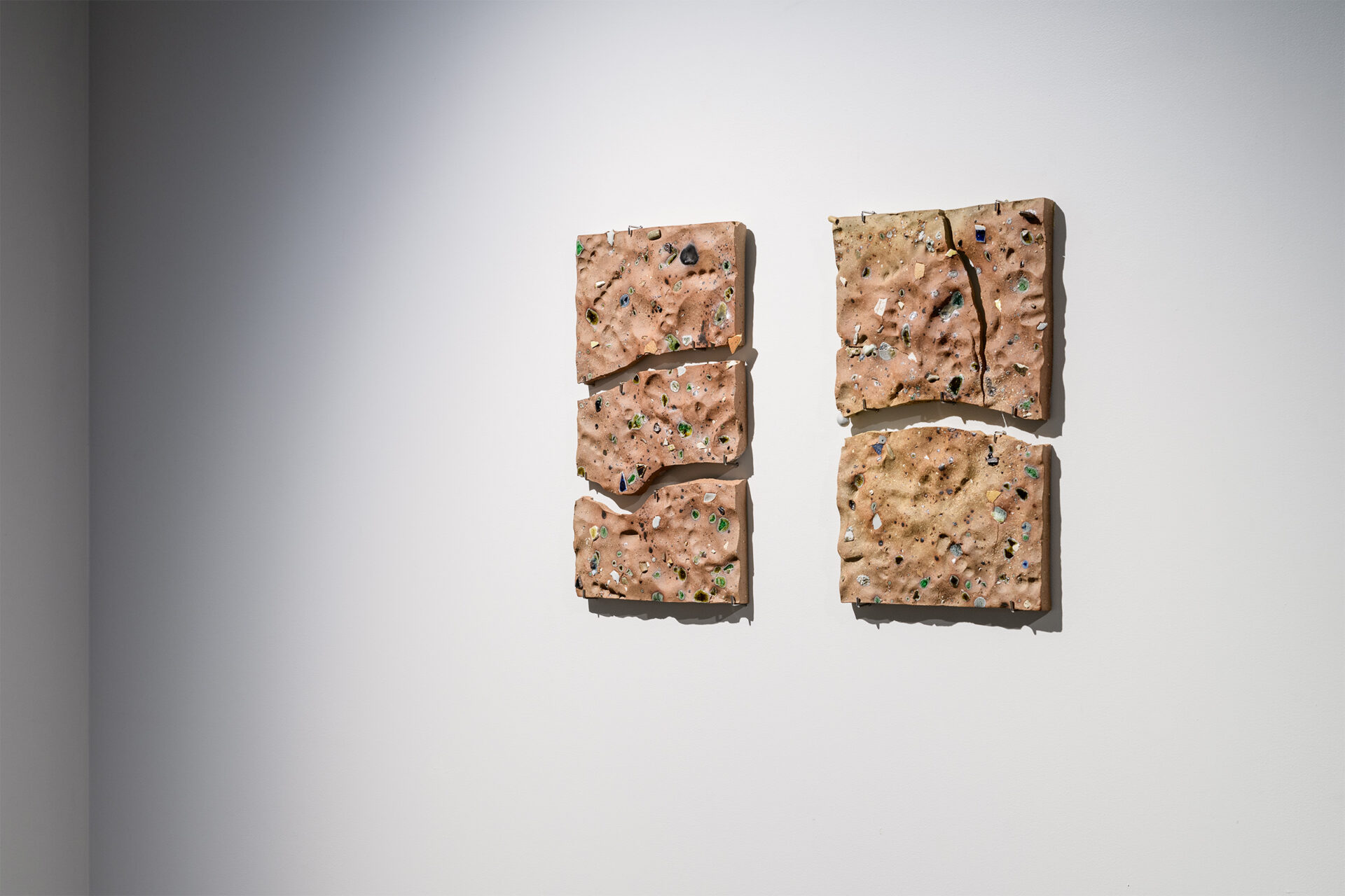 'Whakamenetia (to gather together) I and II', Reclaimed clay, found ceramic and glass from Whaka Oho Rahi, Basalt, Logan Park kōkōwai from Aroha, 275 x 460 mm 2026