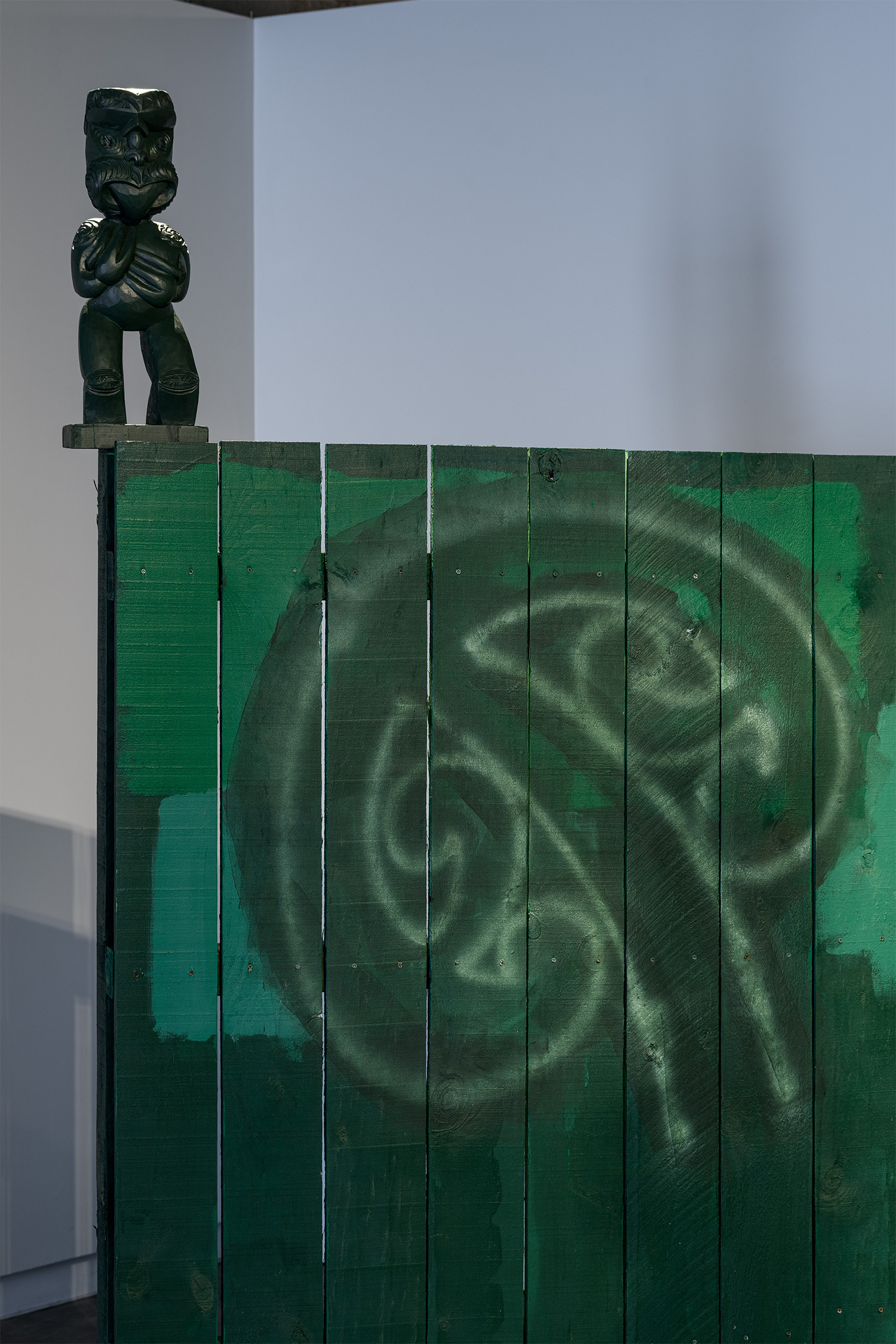 'Boy, Put Your Shoulders Up' - detail, Kauri, pine, paua and acrylic, 2700mm x 2400mm, 2025, Photo Credit Owen Spargo