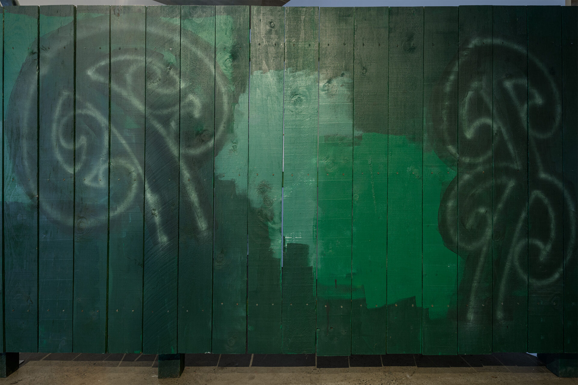 'Boy, Put Your Shoulders Up' - detail, Kauri, pine, paua and acrylic, 2700mm x 2400mm, 2025, Photo Credit Owen Spargo