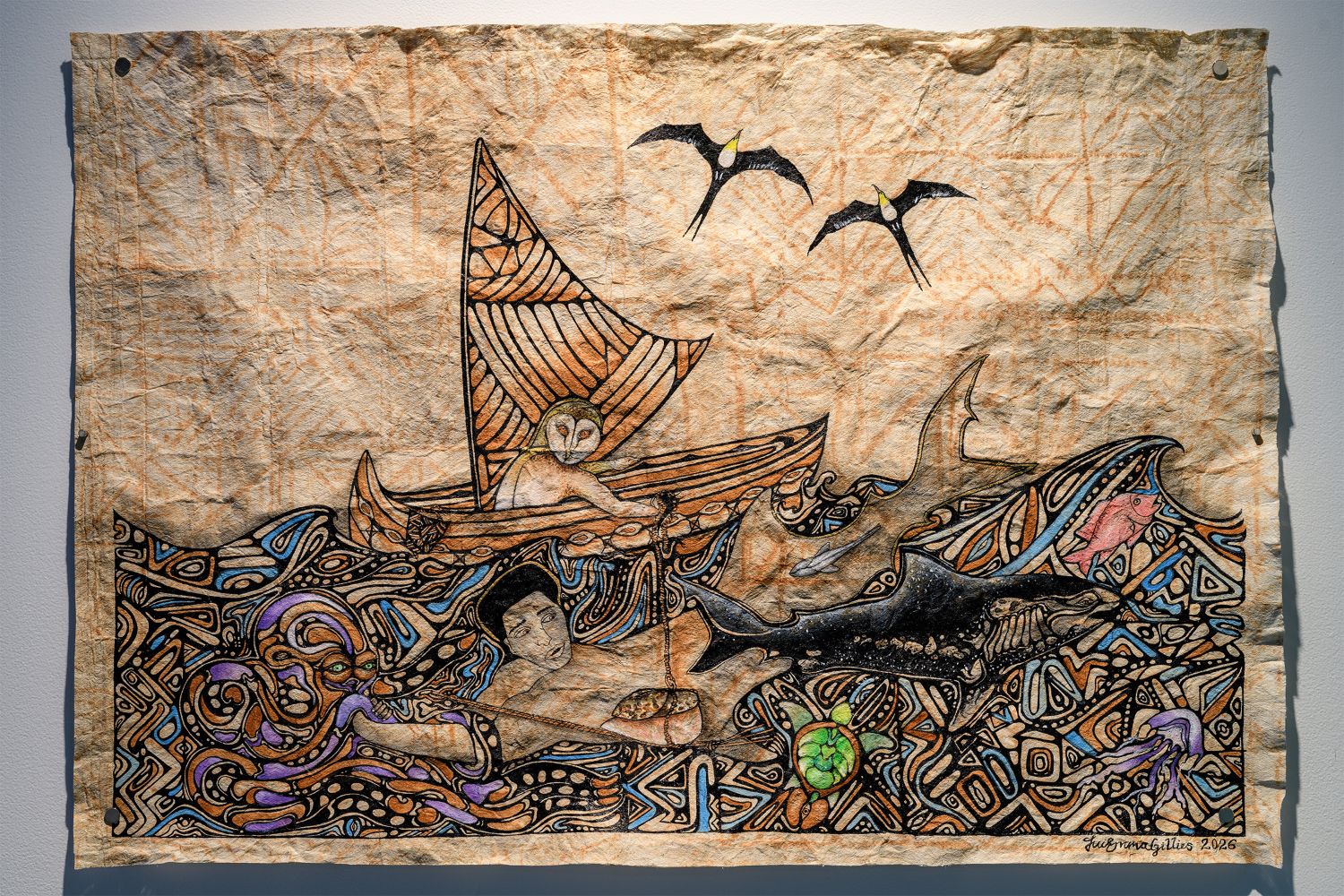 Tui Emma Gillies (Vava‘u Tonga, New Zealand) 'The Sea is Home', Tongo, umea, acrylic paint, ink & Falevai, Vava’u kupesi, 1000mm x 800mm, 2026, photo credit Owen Spargo