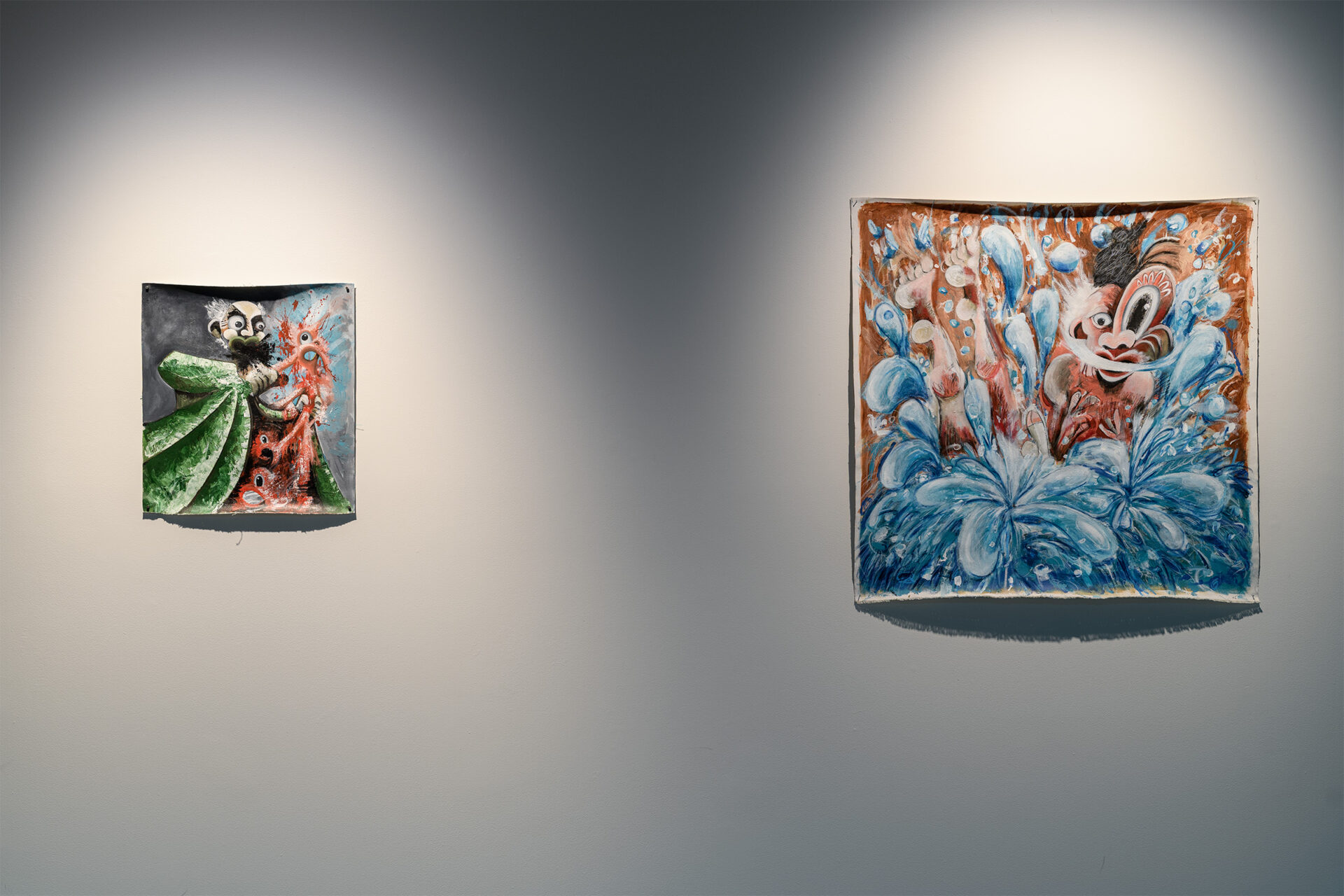 Noa Hāmana (Ngāti Kura, Ngāpuhi, Ngāti Toa, Ingarangi), Left - 'mākutu', Acrylic and oil stick on canvas, 500mm x 500mm, 2026, Right - 'Manu', Acrylic and oil stick on canvas, 900mm x 900mm, 2026, photo credit Owen Spargo