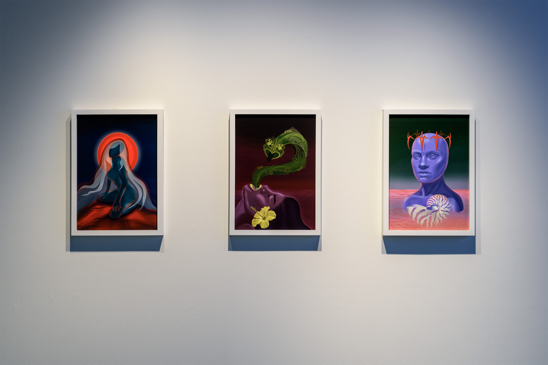 Darlene Jones (Left to right) 'Not Ours To Carry: Responds to the Moon, Not a Captain', 'Not Ours To Carry: Tongue Tied', 'Not Ours To Carry: Collective Current' All Digital illustration, 420mm x 297mm, 2026, photo credit Owen Spargo