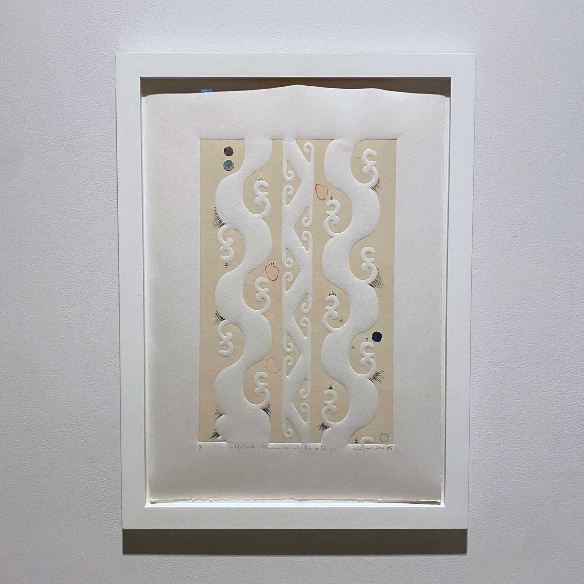 Kim Lowe, 'Half-Caste Kowhaiwhai', with Ink and Stamps Embossed relief print with interventions. Framed with museum glass by City Art Depot, 600 x 450 x 25mm, 2016, $1800, Photo Credit Melissa Wong