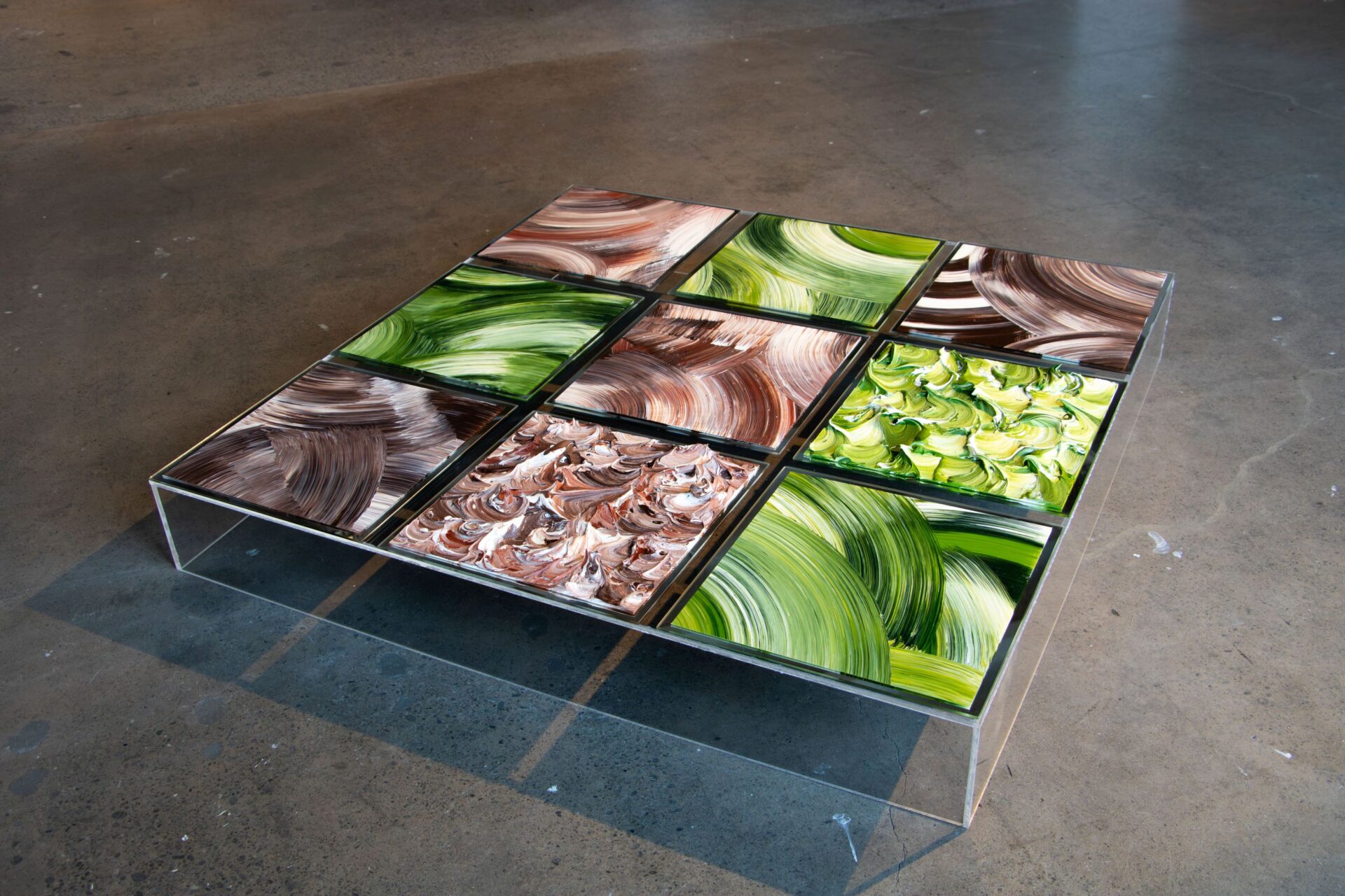 Schira Withers, Ilam — Painting, 'Retrospective', Acrylic, 9 mirror tiles, perspex, 940 x 940 x 120mm, 2026, Photo Credit Mollie Newman