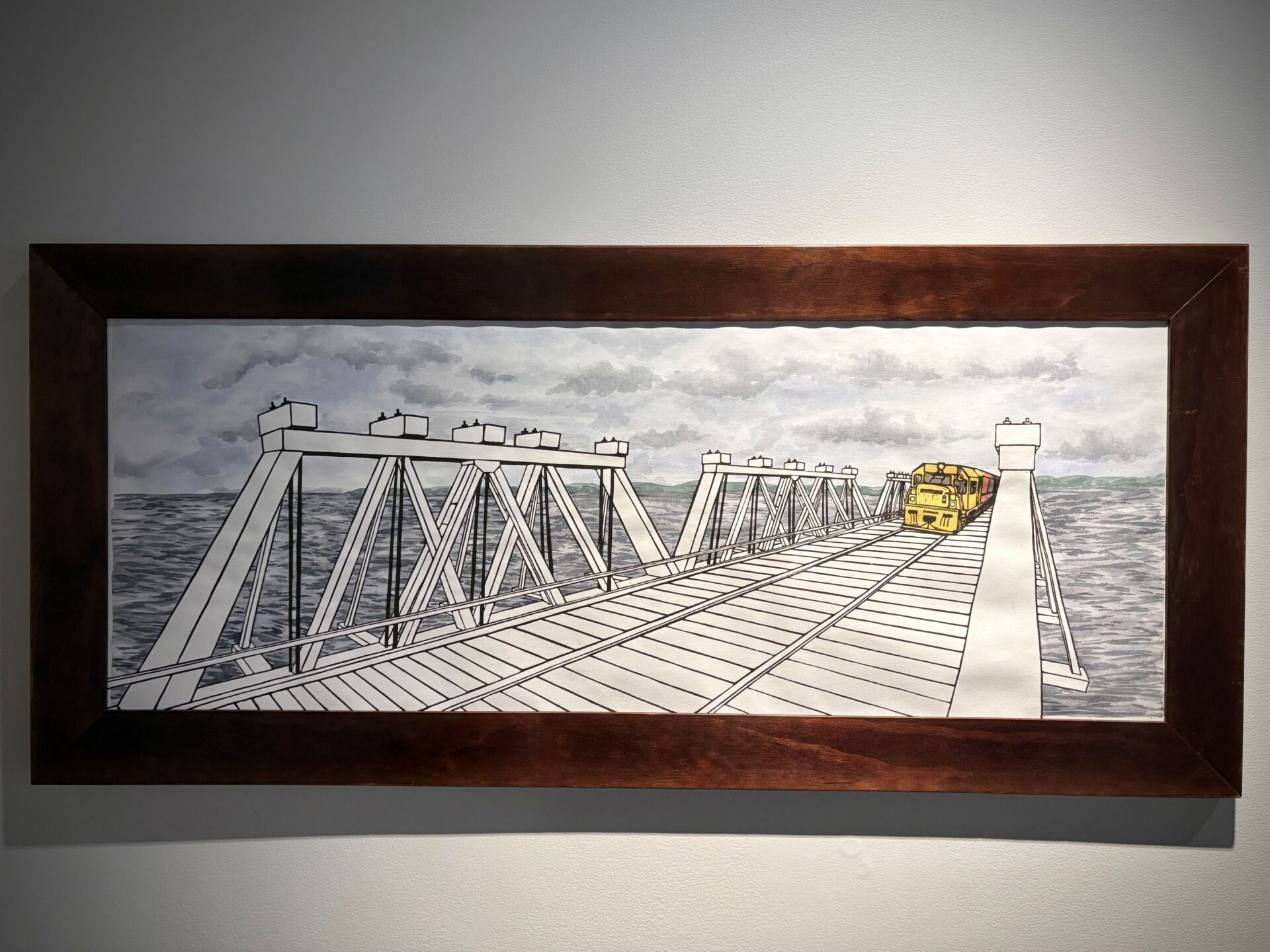 Phoenix Fowler, Ara, 'Old Hokitika Road/Rail Bridge', Woodcut and water colour, 415 x 970 x 10mm, 2026, Photo Credit Seoyoung Park