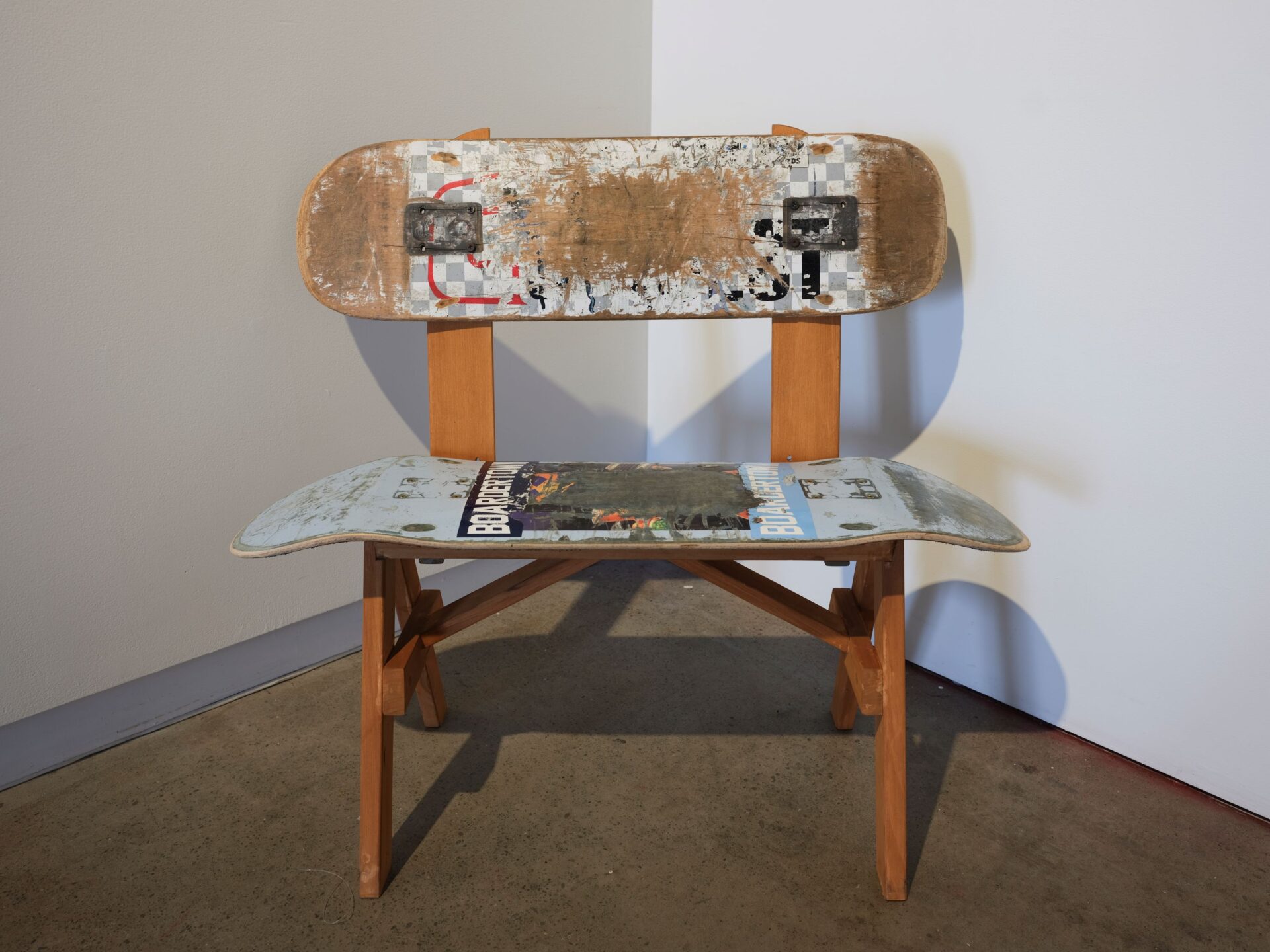 Mollie Newman, Ara, 'Rest Stop', Timber, plywood, recycled skateboards, 730 x 820 x 300mm, 2025, Photo Credit India Jenkins